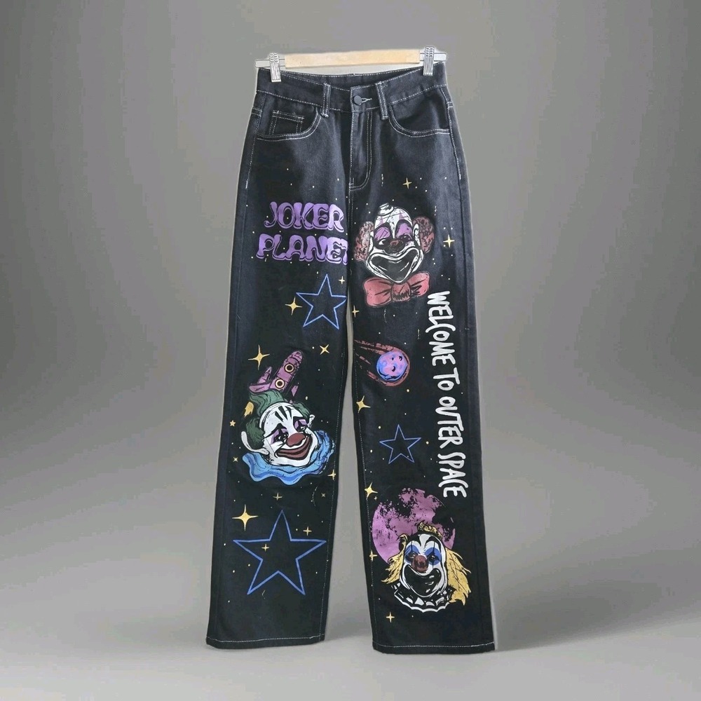 Grunge Punk Cartoon & Slogan Jeans Size XS Graphic Black Straight Leg Streetwear